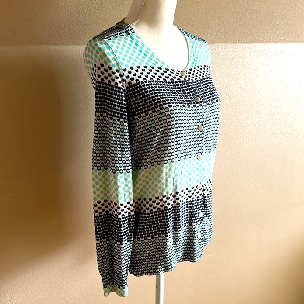 Talbots navy, cream and aqua geometric pattern button front cardigan.